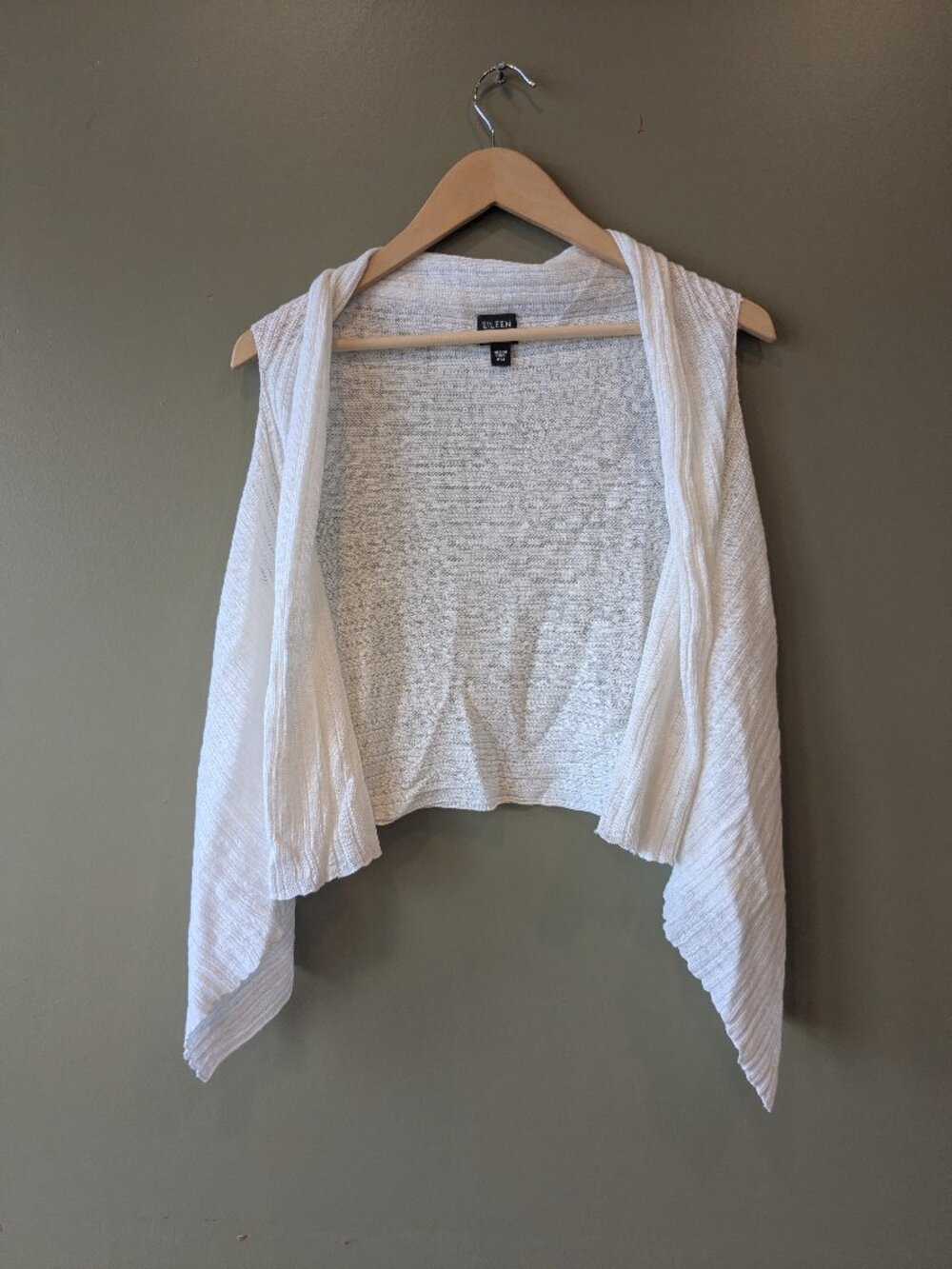 Eileen Fisher Petite Med White 100% Linen Open Front Shrug Vest Cardigan Knit
